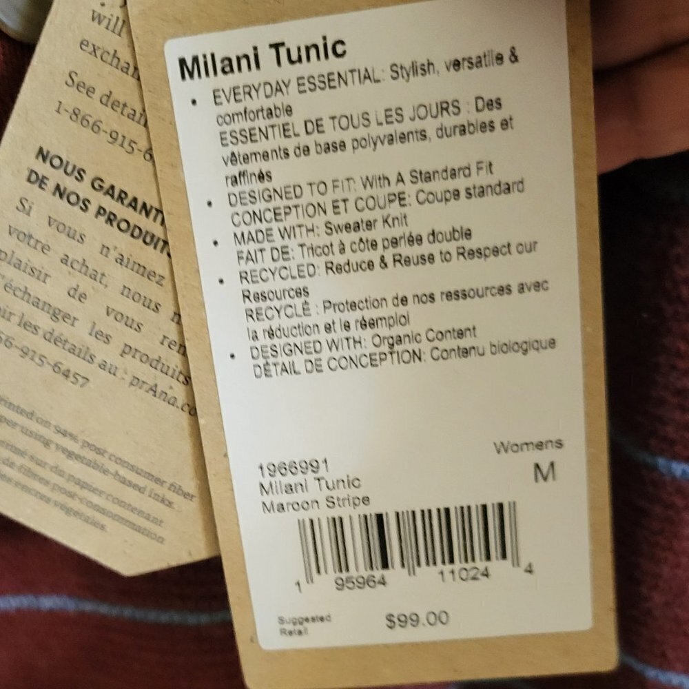 Prana Women's Milani Striped Tunic Hoodie Maroon Stripe Size Medium NWT - Picture 9 of 10